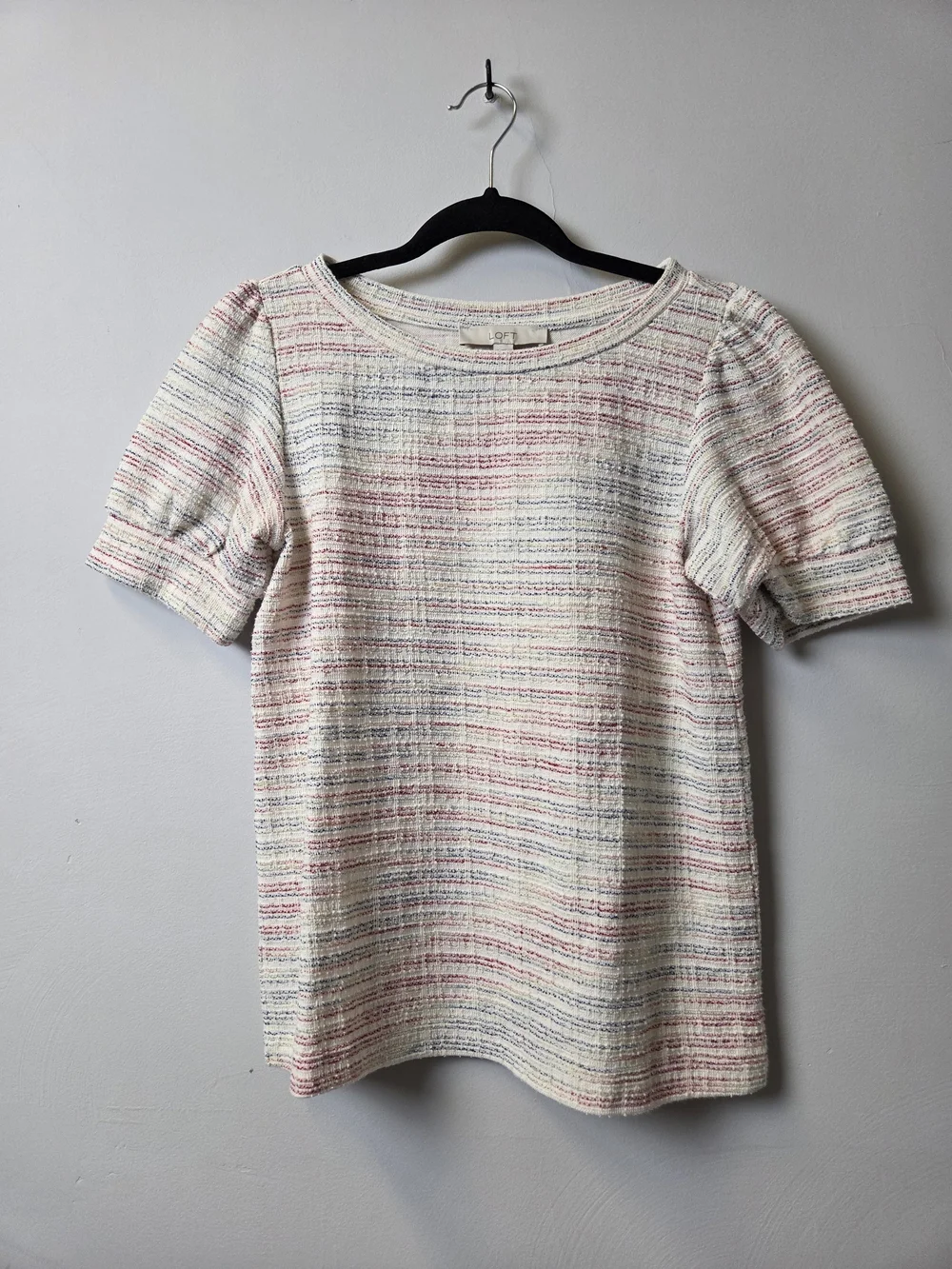 LOFT Cream Tweed Short Sleeve Top with Pink & Blue Stripes